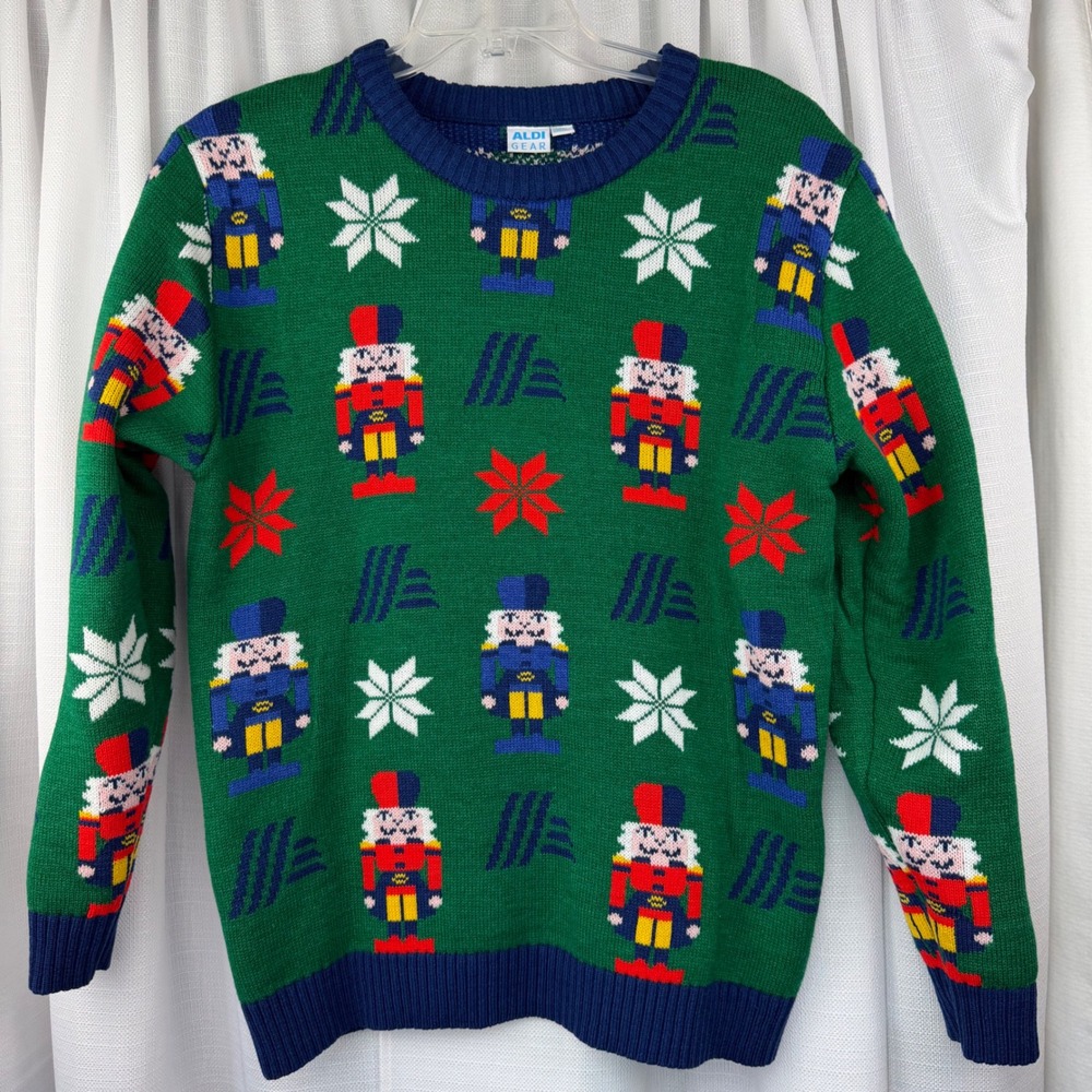Aldi Gear Mens Nutcracker Ugly Christmas Sweater Green Navy Blue Size M